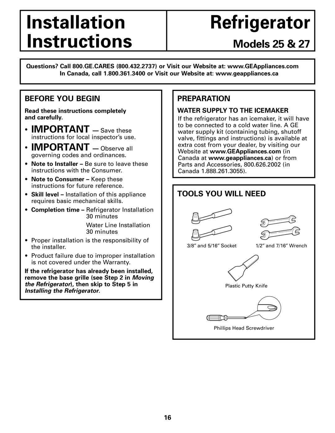 GE 200D26000P022 installation instructions Before YOU Begin, Preparation, Tools YOU will Need 