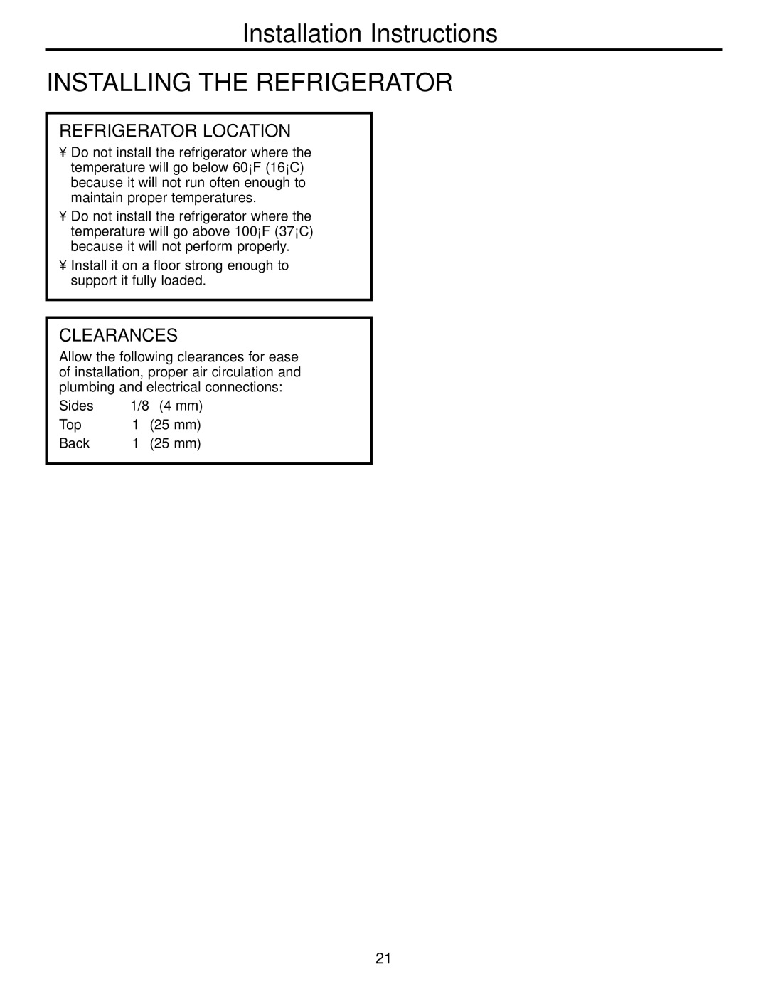 GE 200D26000P022 installation instructions Refrigerator Location, Clearances 