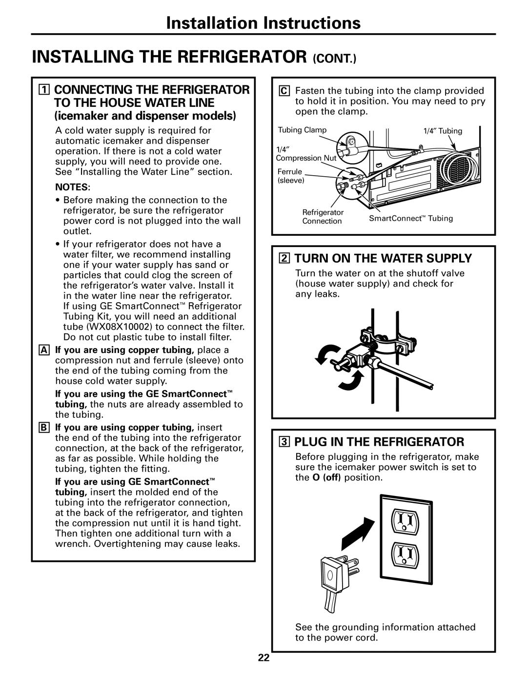 GE 200D26000P022 installation instructions Turn on the Water Supply, Plug in the Refrigerator 