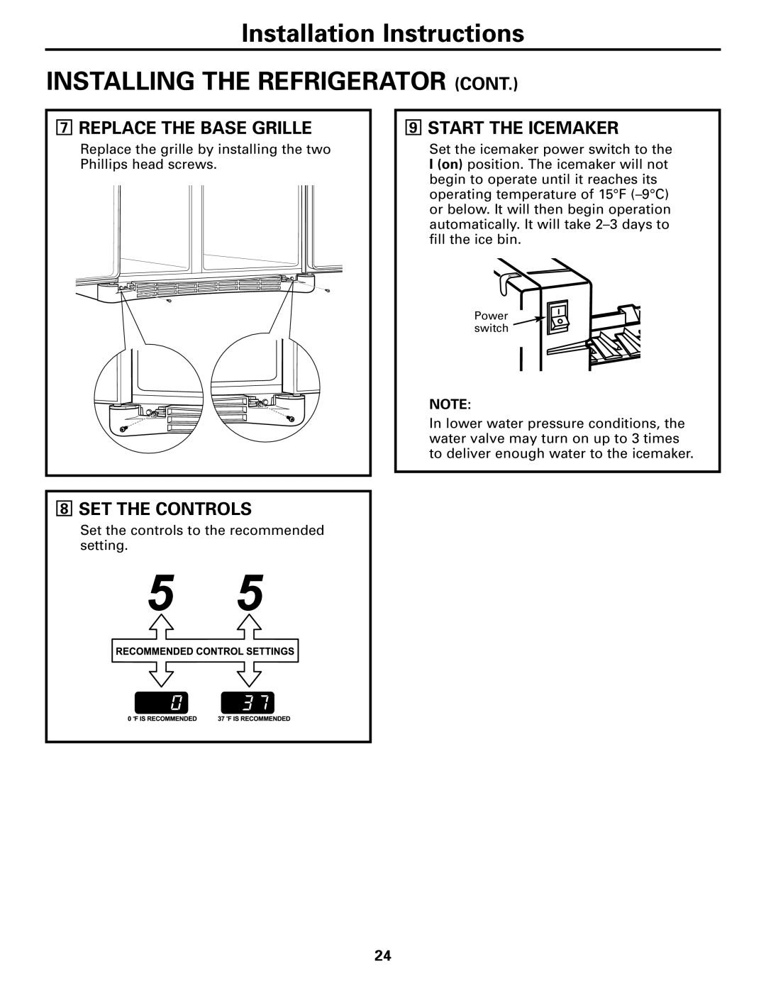 GE 200D26000P022 installation instructions Replace the Base Grille, Start the Icemaker, SET the Controls 