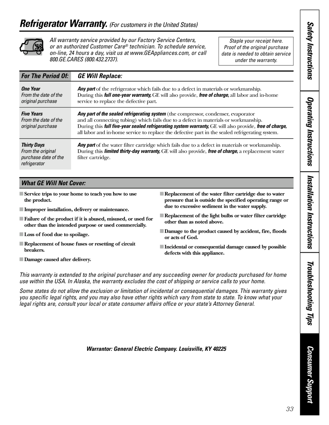 GE 200D26000P022 installation instructions GE Will Replace, What GE Will Not Cover, One Year, Thirty Days 