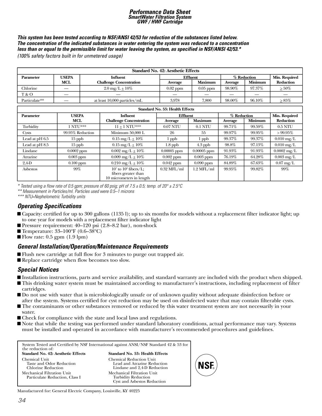 GE 200D26000P022 Performance Data Sheet, Operating Specifications, General Installation/Operation/Maintenance Requirements 