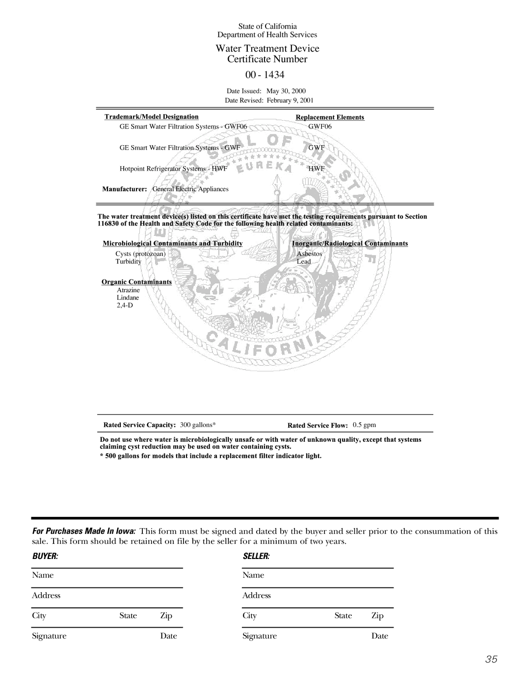 GE 200D26000P022 installation instructions Water Treatment Device Certificate Number 