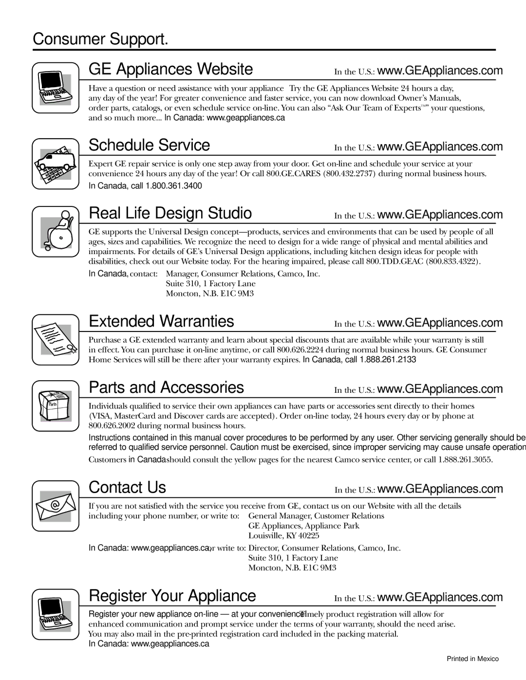 GE 200D26000P022 installation instructions Consumer Support, GE Appliances Website Schedule Service 