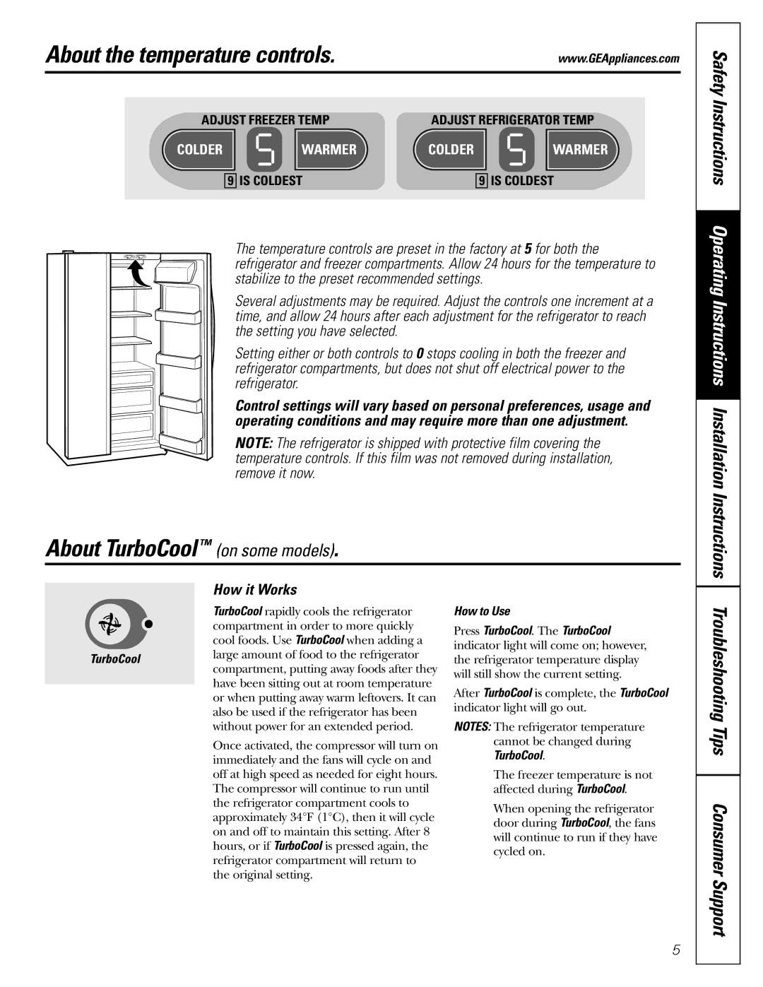 GE 200D26000P022 About the temperature controls, About TurboCool on some models, Troubleshooting Tips Consumer Support 