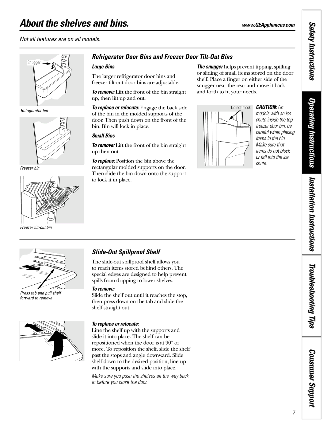 GE 200D26000P022 About the shelves and bins, Refrigerator Door Bins and Freezer Door Tilt-Out Bins 