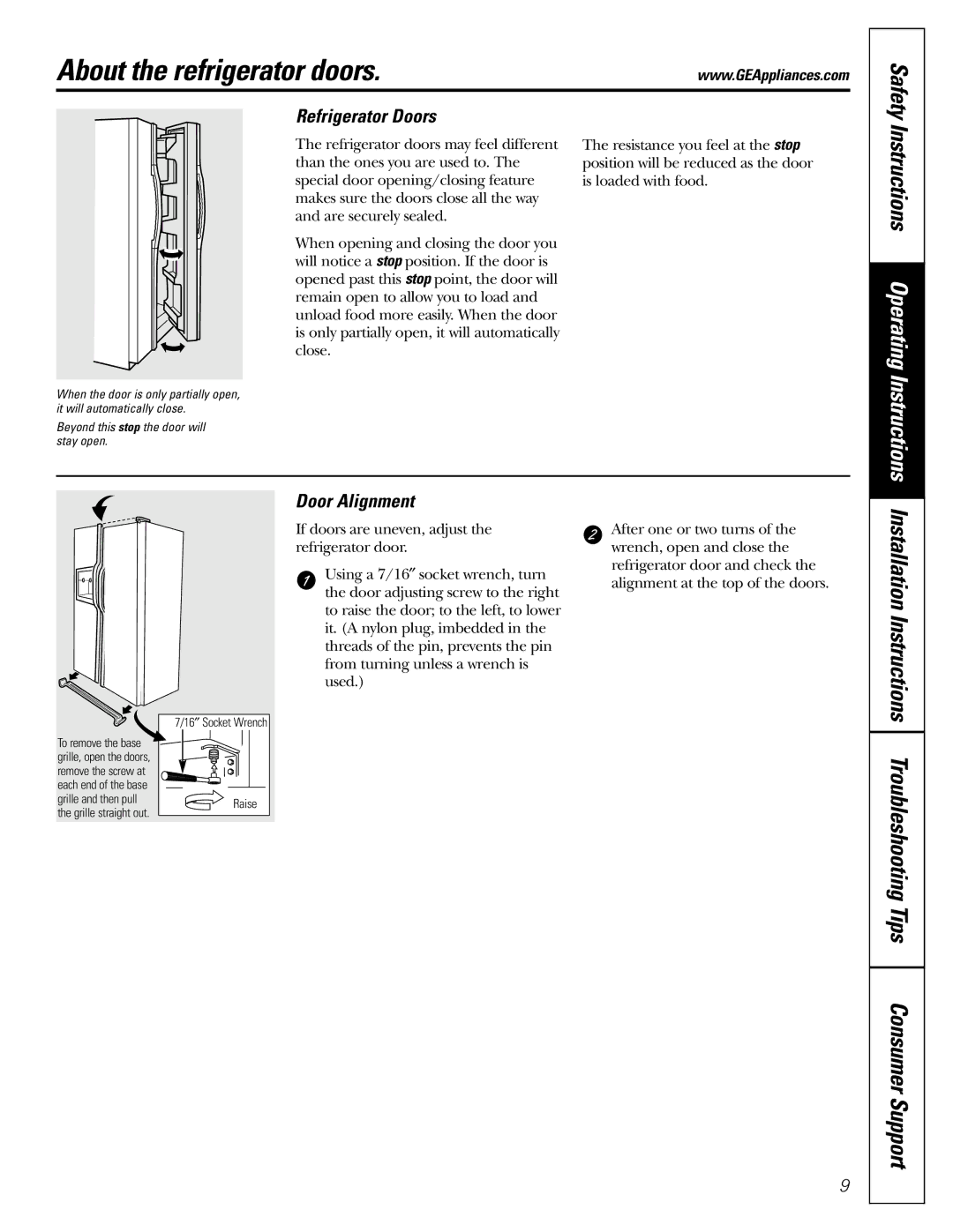 GE 200D26000P022 installation instructions About the refrigerator doors, Refrigerator Doors, Door Alignment, Safety 