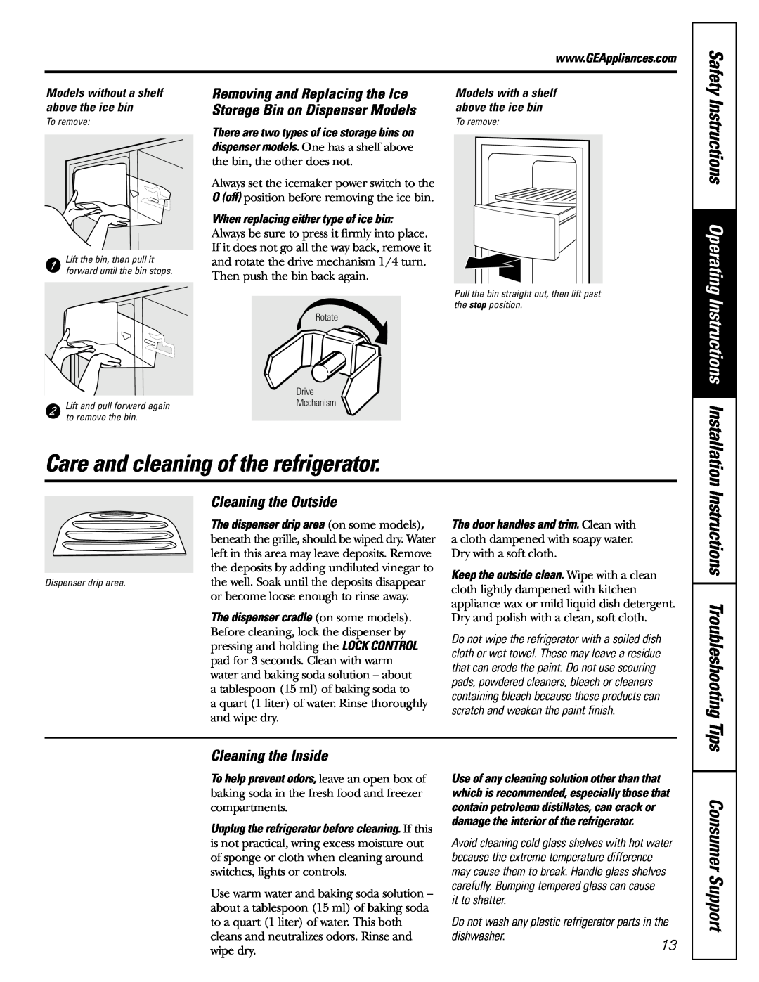 GE 200D26000P022 Care and cleaning of the refrigerator, Installation, Instructions Operating Instructions, Safety 