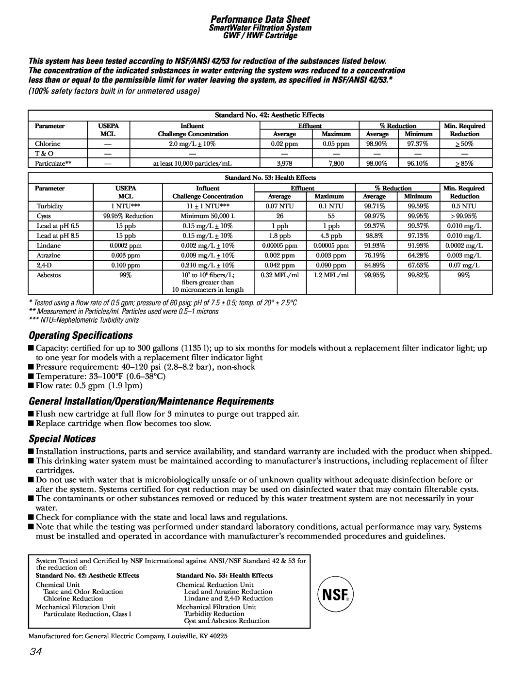GE 200D26000P022 Performance Data Sheet, Operating Specifications, General Installation/Operation/Maintenance Requirements 