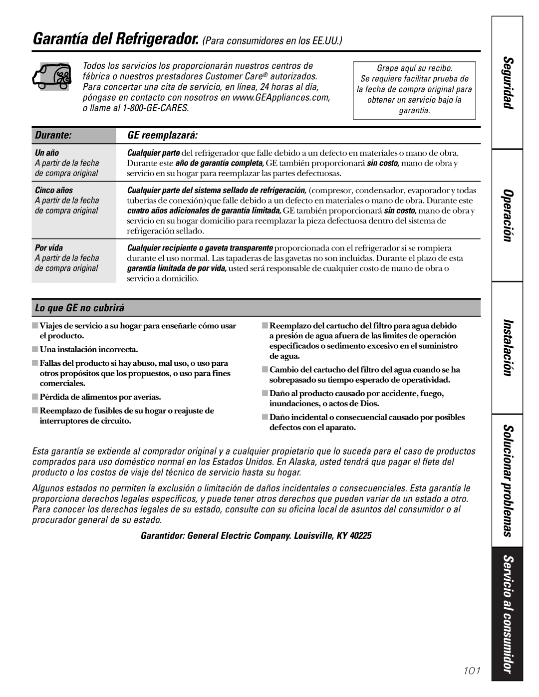 GE 21, 200D2600P001 Durante GE reemplazará, Lo que GE no cubrirá, Garantidor General Electric Company. Louisville, KY 