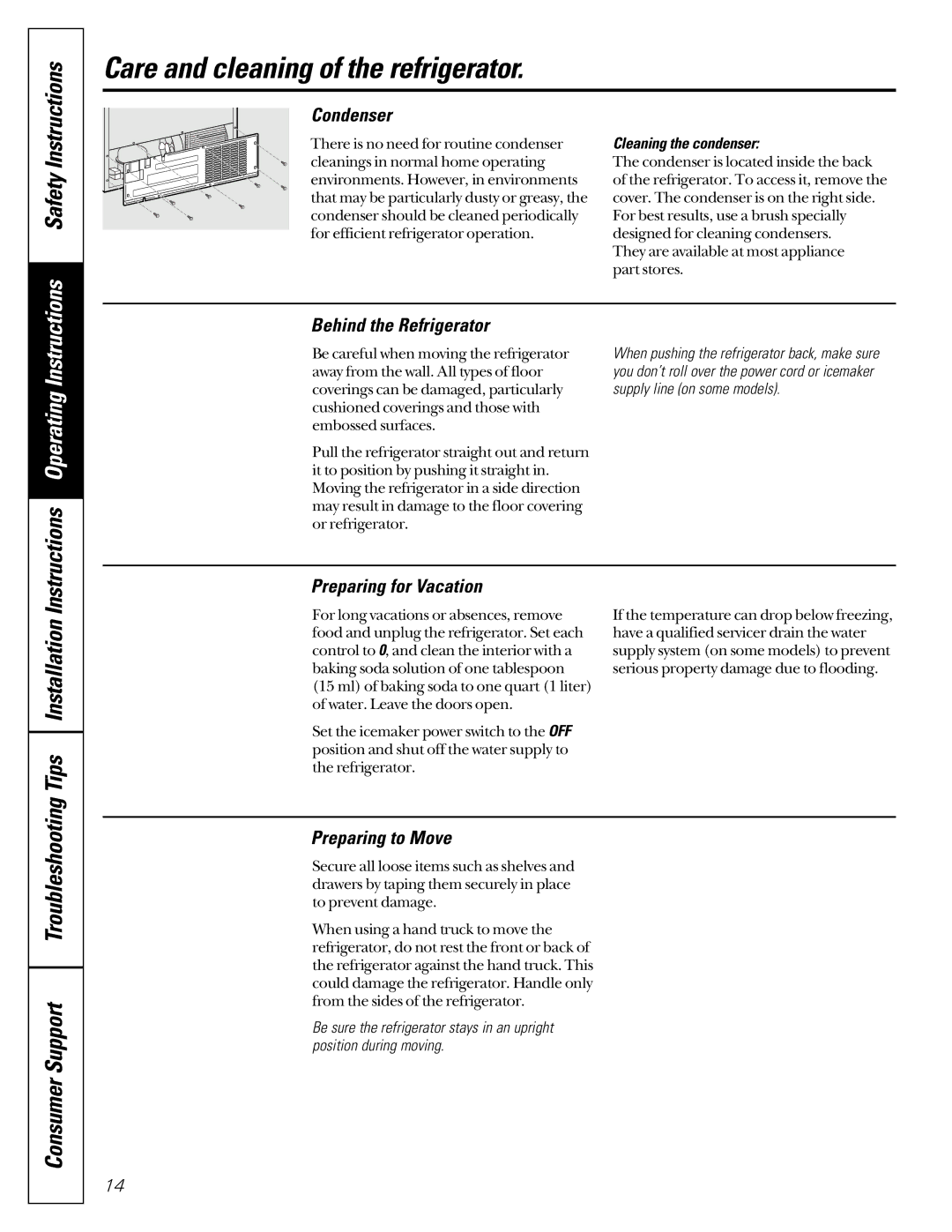 GE 200D2600P001, 21 Consumer Support Troubleshooting, Condenser, Behind the Refrigerator, Preparing to Move 