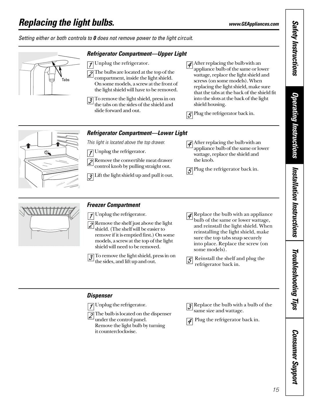 GE 21 Replacing the light bulbs, Instructions Installation Instructions Troubleshooting, Instructions Operating 