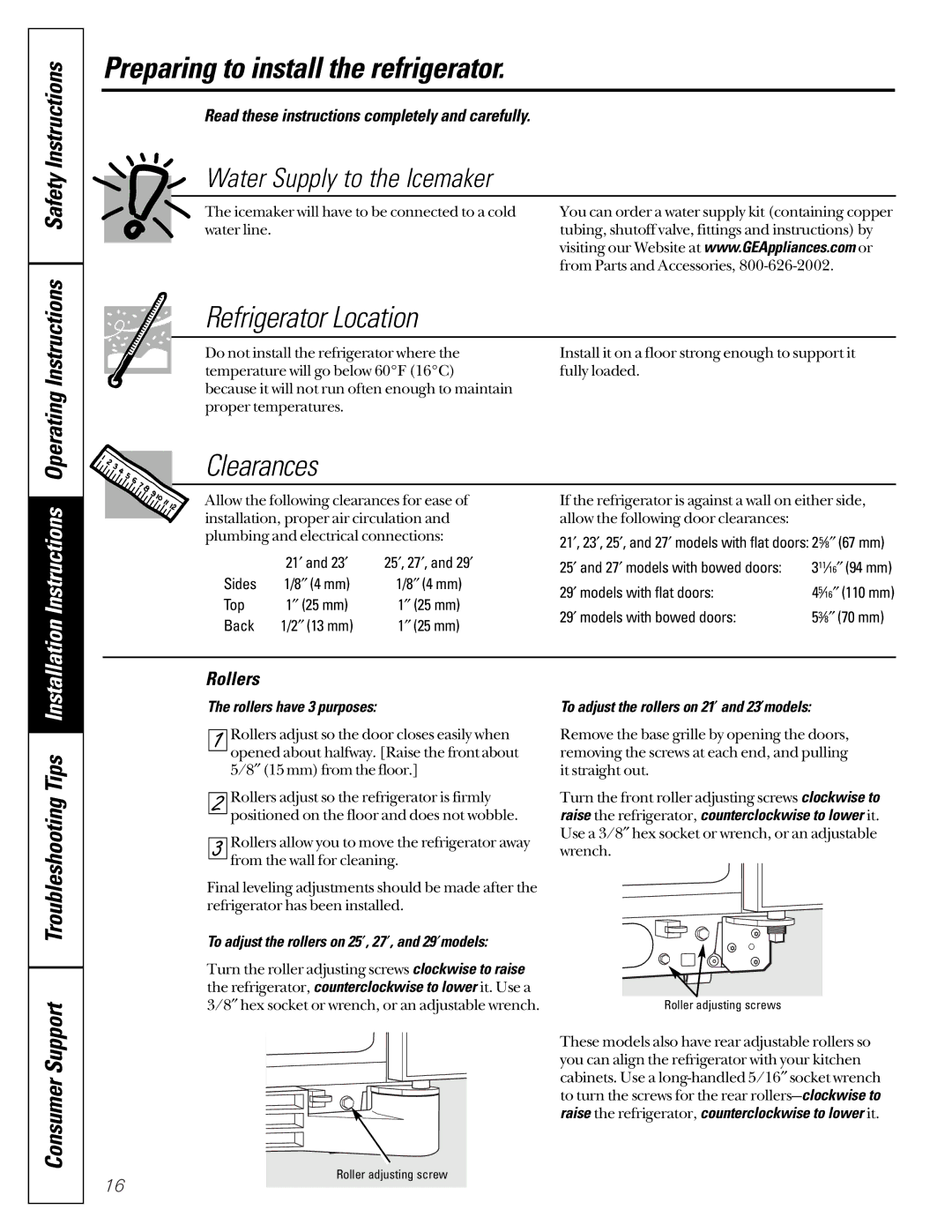 GE 200D2600P001, 21 installation instructions Preparing to install the refrigerator, Refrigerator Location, Clearances 