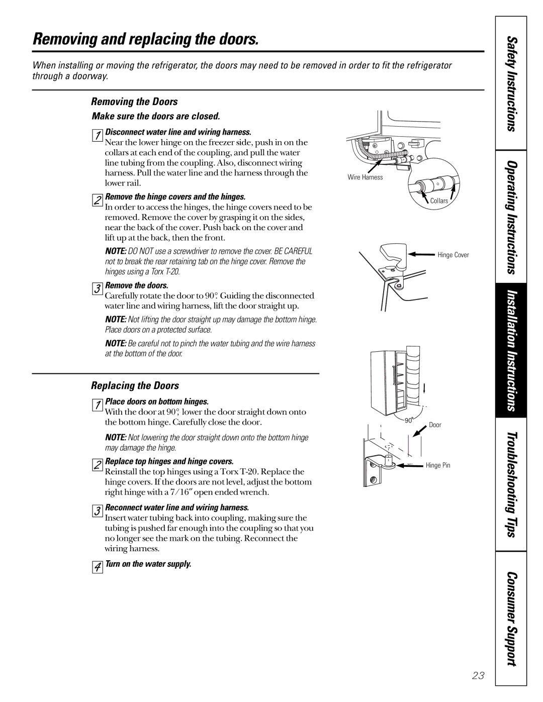 GE 21 Removing and replacing the doors, Removing the Doors, Replacing the Doors, Make sure the doors are closed 