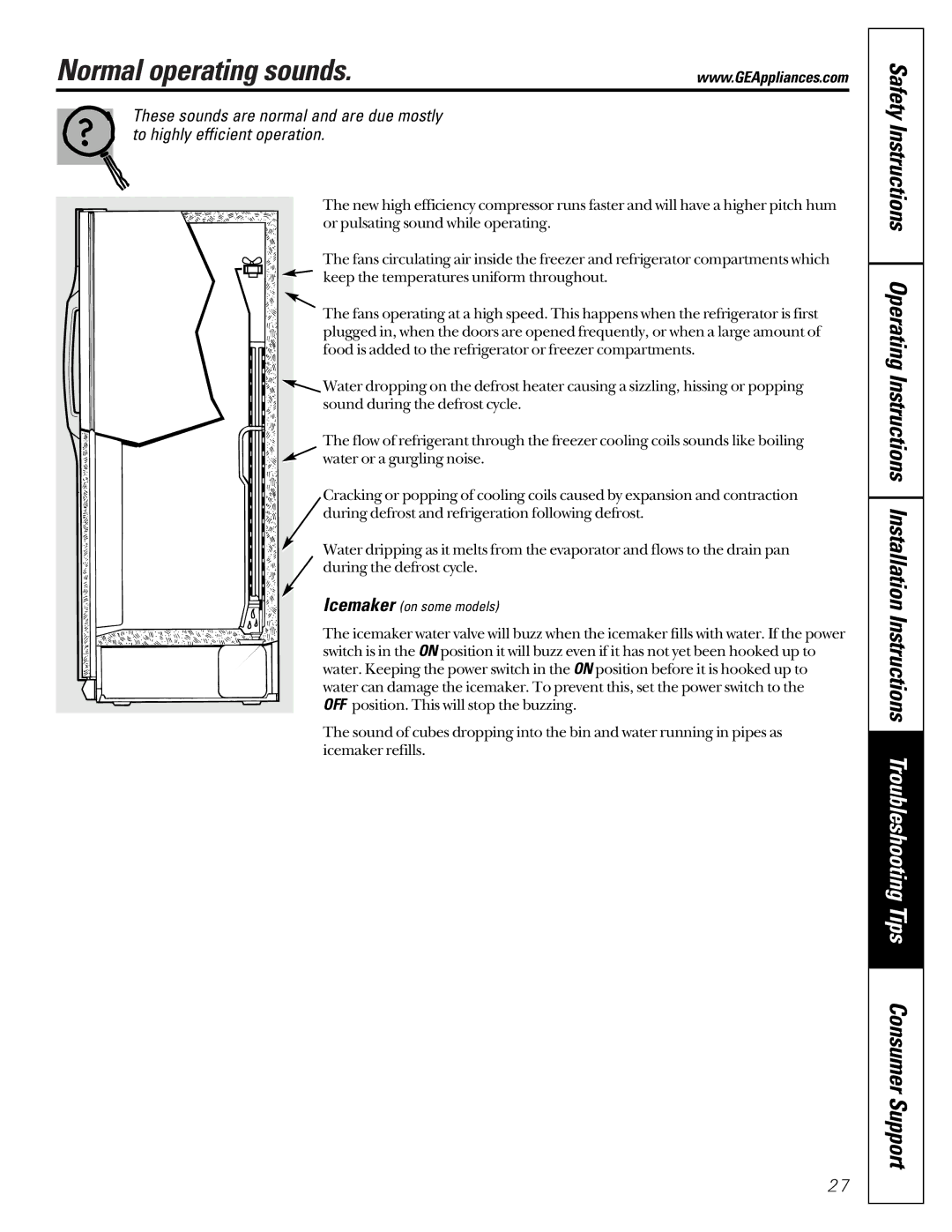 GE 21, 200D2600P001 installation instructions Normal operating sounds 