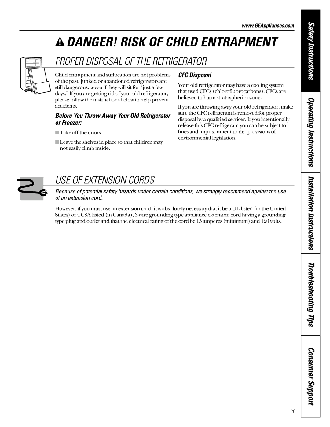 GE 21, 200D2600P001 Operating Instructions, Before You Throw Away Your Old Refrigerator or Freezer, CFC Disposal 