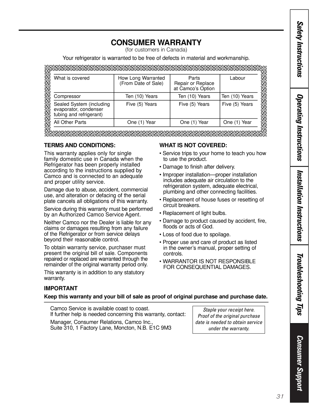 GE 21 Safety Instructions Operating Instructions, Installation Instructions Troubleshooting, Staple your receipt here 