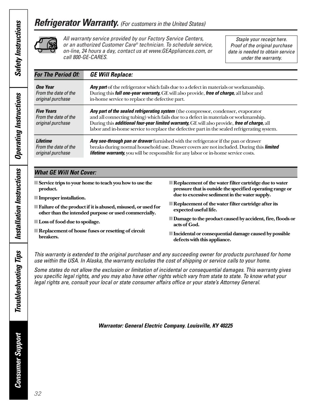 GE 200D2600P001 Consumer Support Troubleshooting Tips, GE Will Replace, What GE Will Not Cover, Installation Instructions 