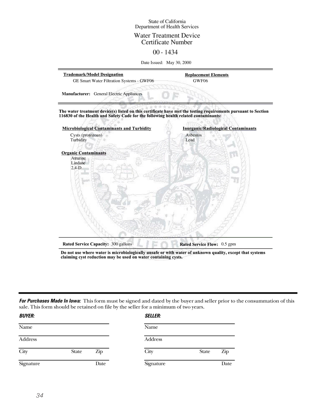 GE 200D2600P001, 21 installation instructions Water Treatment Device Certificate Number 