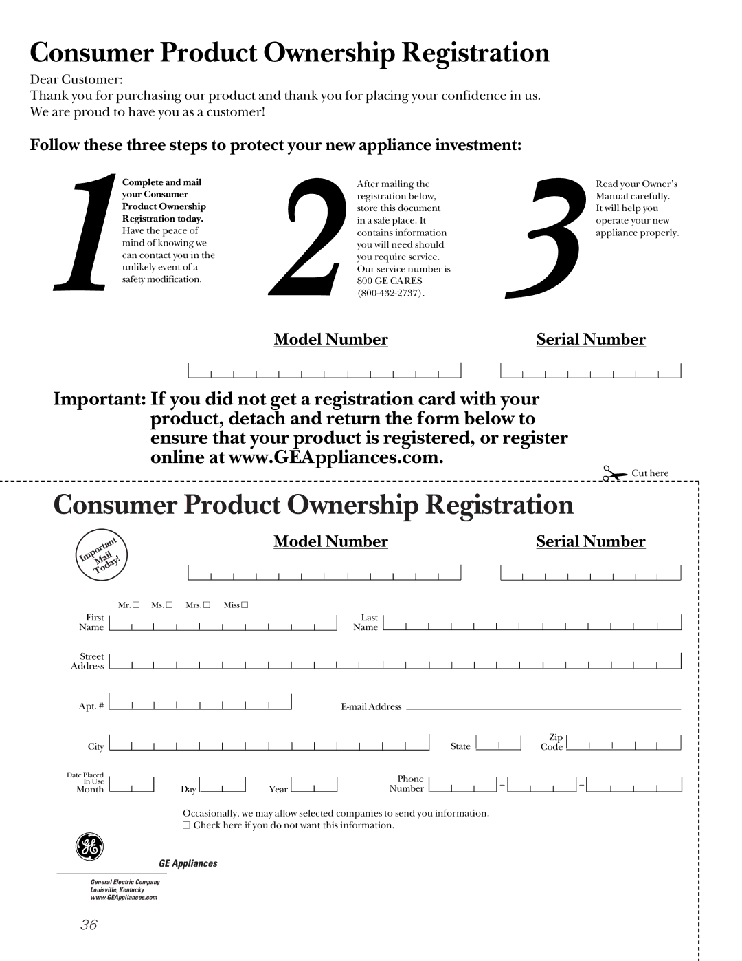 GE 200D2600P001, 21 installation instructions Consumer Product Ownership Registration 