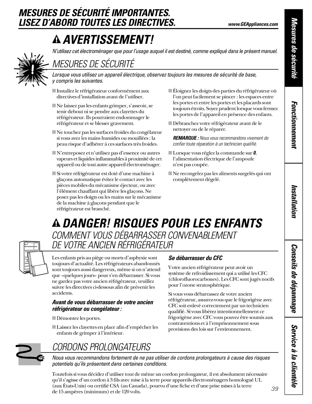 GE 21, 200D2600P001 installation instructions La clientèle, Se débarrasser du CFC, Conseils de dépannage Service 