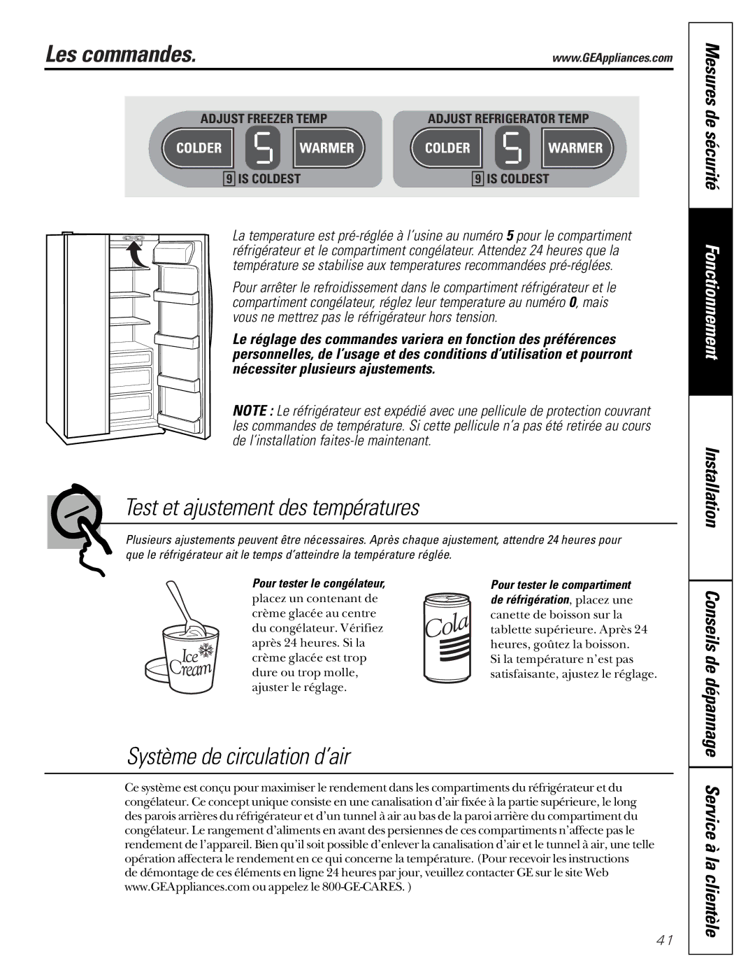 GE 21, 200D2600P001 Les commandes, Test et ajustement des températures, Système de circulation d’air, Mesures de sécurité 