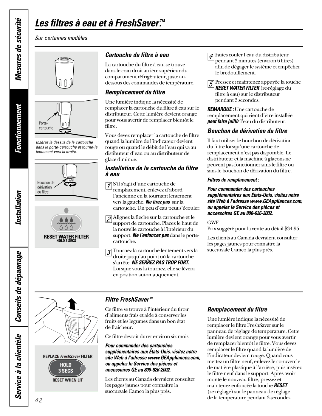 GE 200D2600P001, 21 Les filtres à eau et à FreshSaver, De sécurité, Installation De dépannage, Mesures 