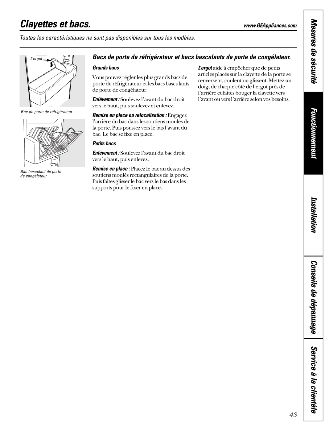 GE 21, 200D2600P001 Clayettes et bacs, Sécurité, Conseils de dépannage Service à la clientèle, Mesures de 