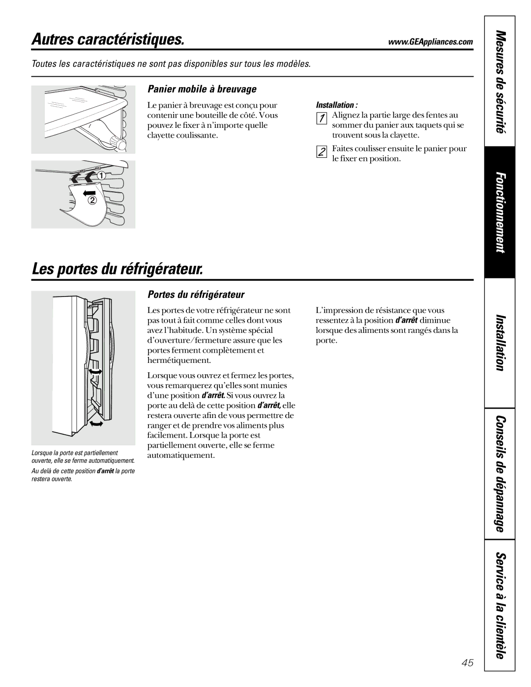 GE 21 Autres caractéristiques, Les portes du réfrigérateur, Panier mobile à breuvage, Portes du réfrigérateur 