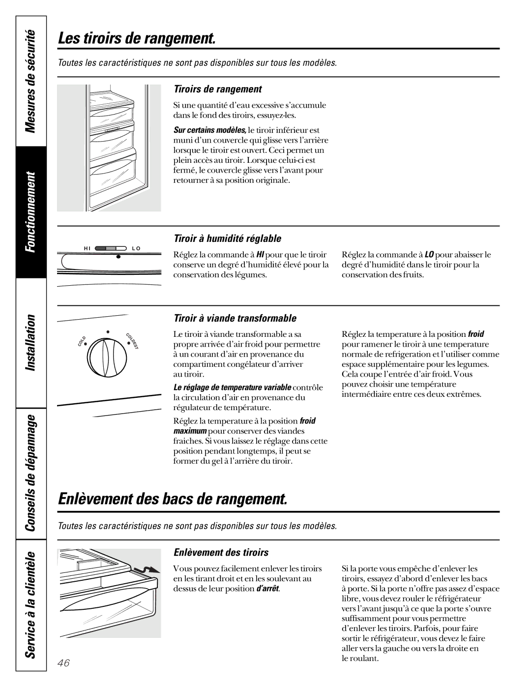 GE 200D2600P001, 21 installation instructions Les tiroirs de rangement, Enlèvement des bacs de rangement 