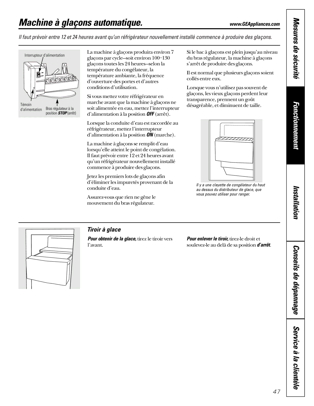 GE 21, 200D2600P001 installation instructions Machine à glaçons automatique, Tiroir à glace 