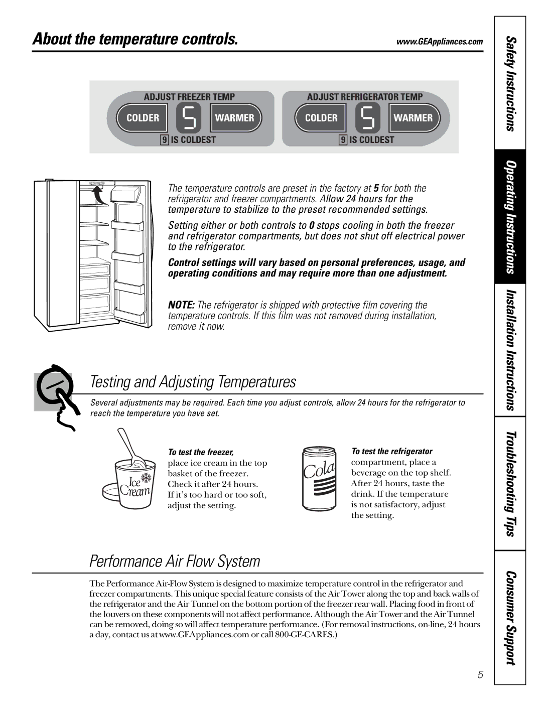 GE 21 About the temperature controls, Testing and Adjusting Temperatures, Performance Air Flow System, To test the freezer 