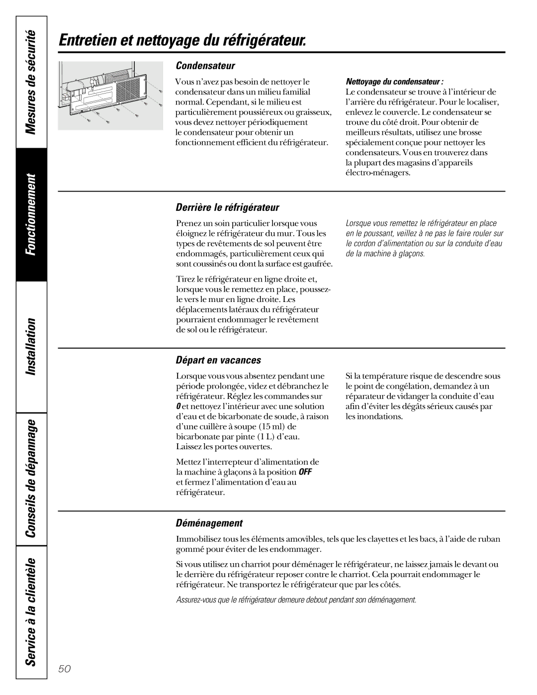 GE 200D2600P001, 21 Mesures de, Condensateur, Derrière le réfrigérateur, Départ en vacances, Déménagement 