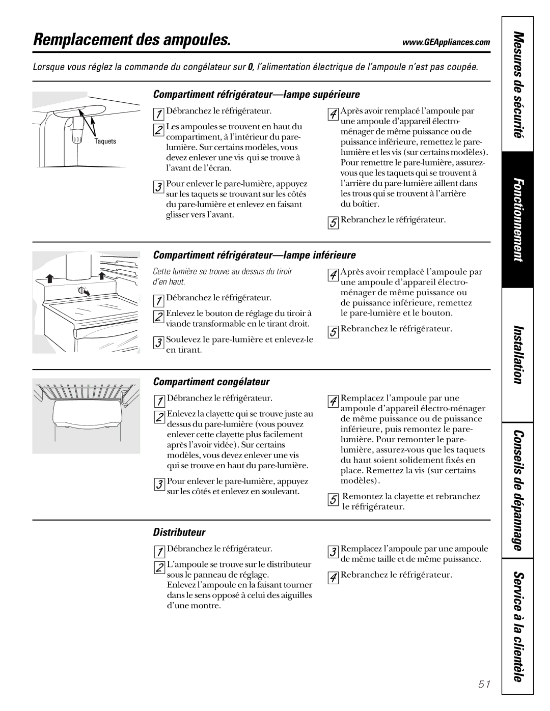 GE 21 Remplacement des ampoules, Compartiment réfrigérateur-lampe supérieure, Compartiment réfrigérateur-lampe inférieure 