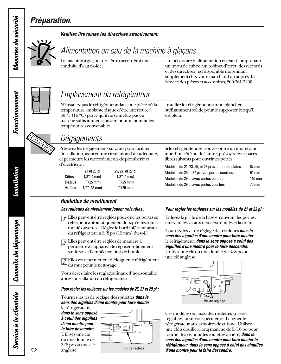 GE 200D2600P001, 21 Préparation, Alimentation en eau de la machine à glaçons, Emplacement du réfrigérateur, Dégagements 