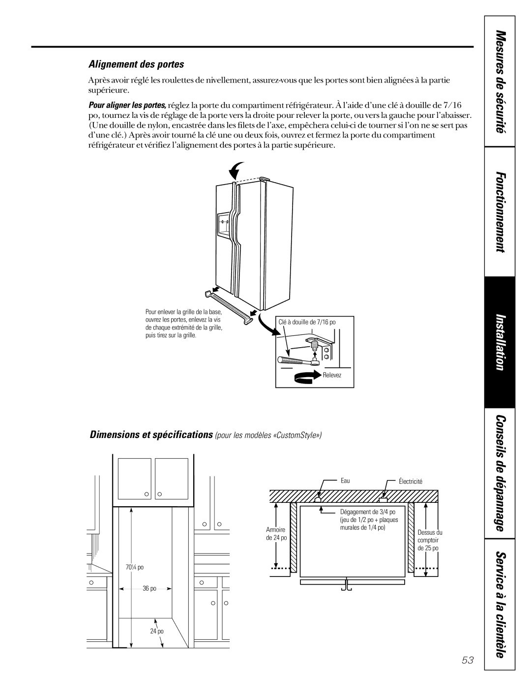 GE 21, 200D2600P001 Alignement des portes, Dimensions et spécifications pour les modèles «CustomStyle» 