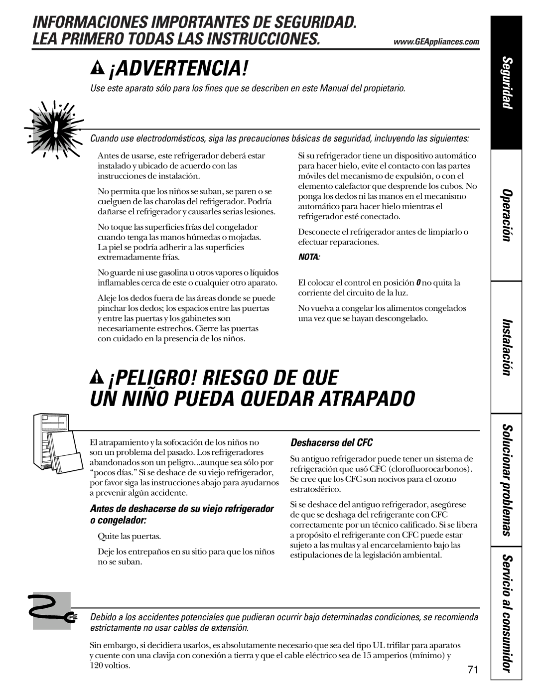 GE 21 Al consumidor, Antes de deshacerse de su viejo refrigerador o congelador, Deshacerse del CFC, Instalación 