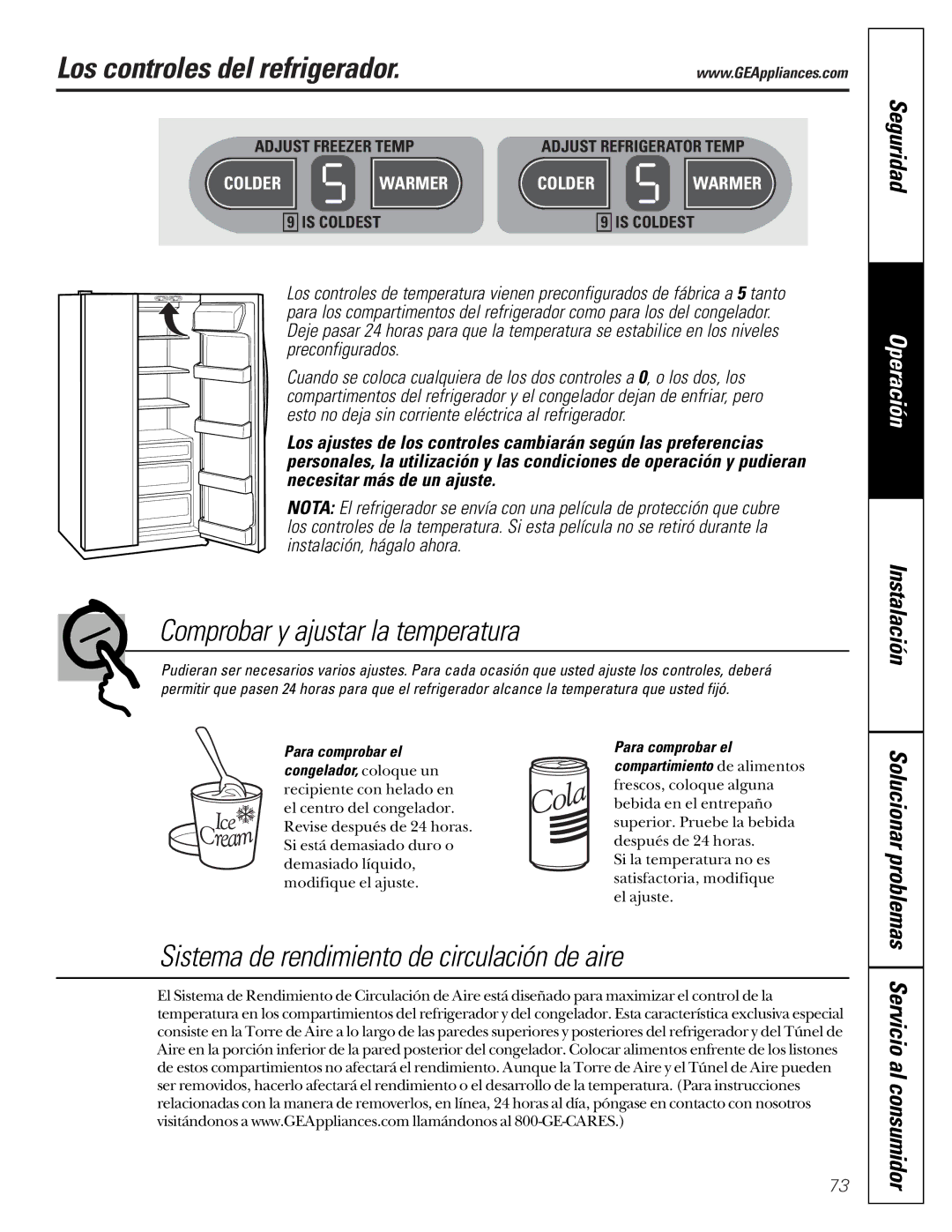 GE 21 Los controles del refrigerador, Comprobar y ajustar la temperatura, Sistema de rendimiento de circulación de aire 