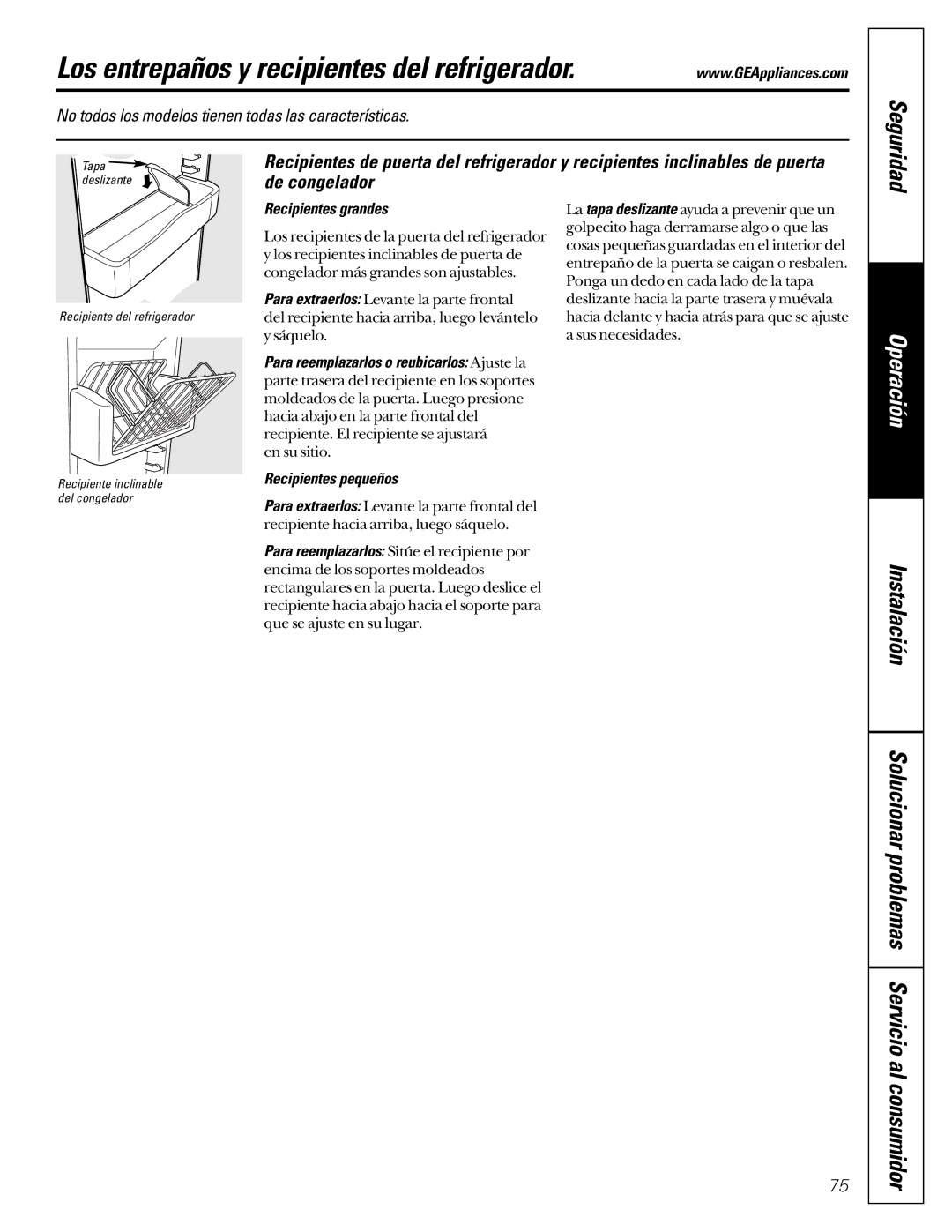 GE 21 Los entrepaños y recipientes del refrigerador, Solucionar problemas Servicio al consumidor, Recipientes grandes 