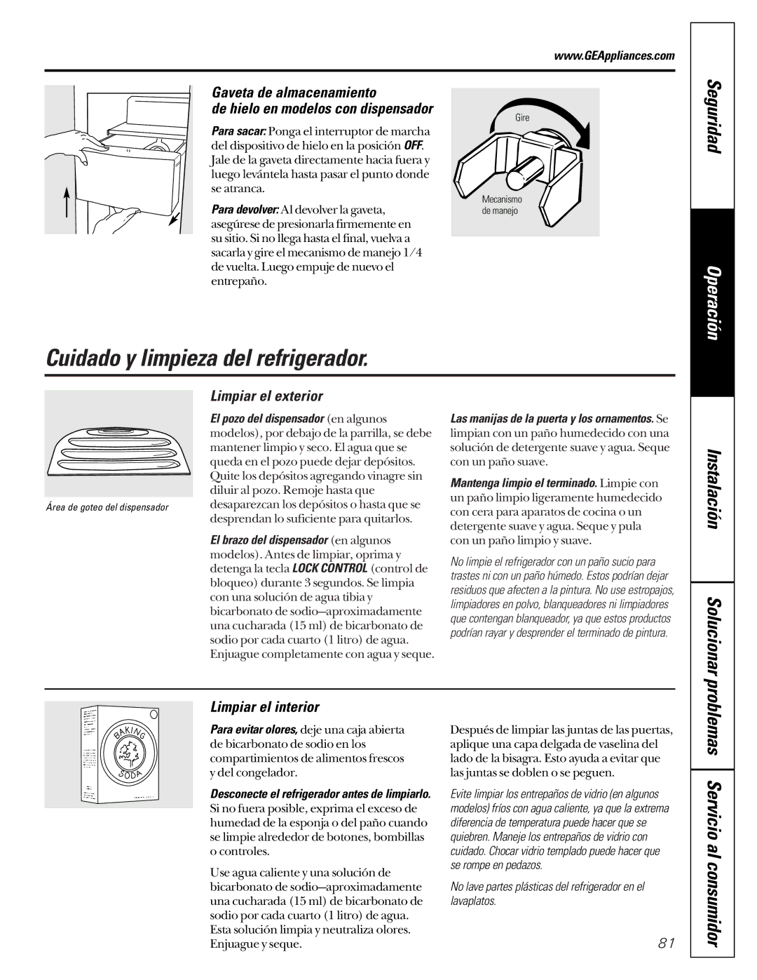 GE 21 Cuidado y limpieza del refrigerador, Instalación Solucionar, Problemas Servicio al consumidor, Limpiar el exterior 