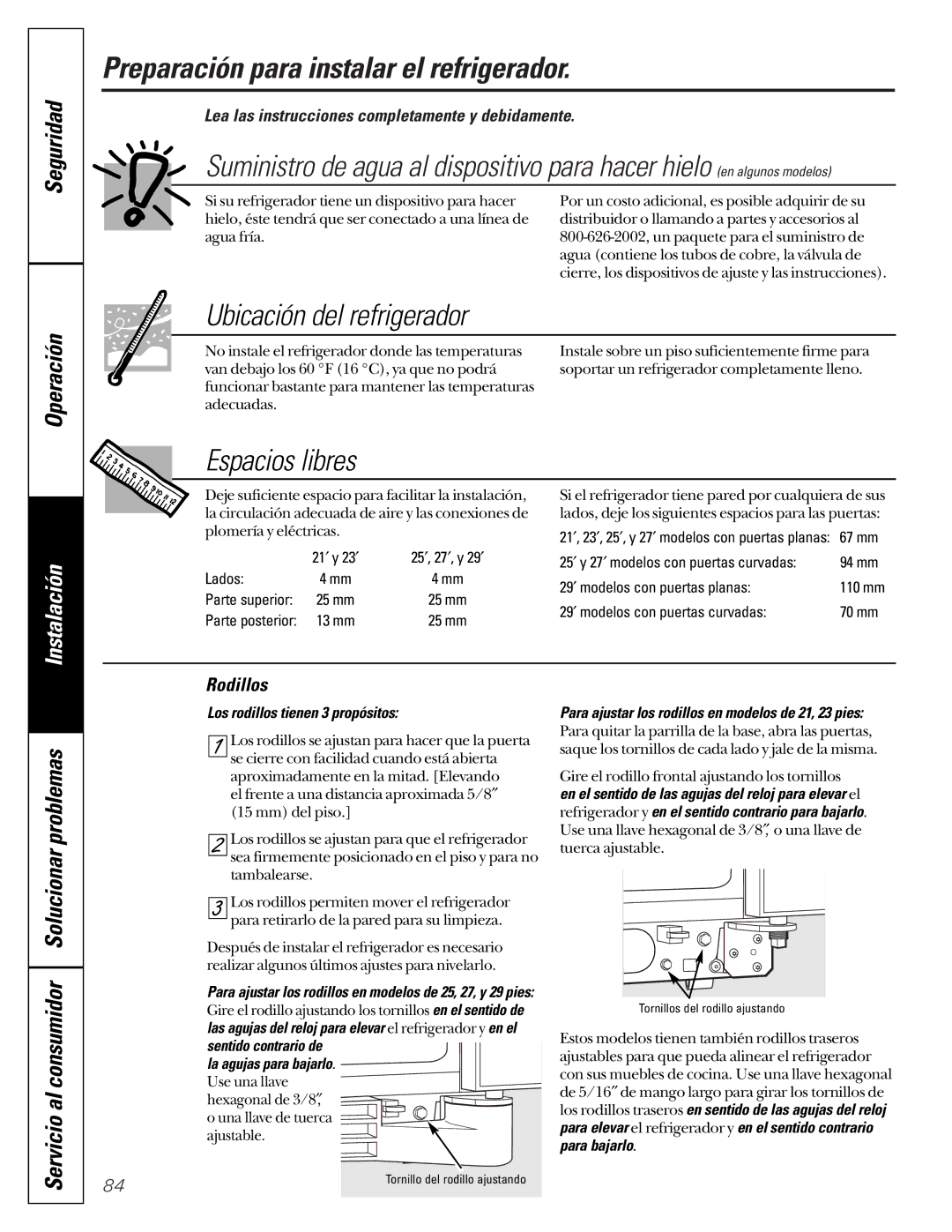 GE 200D2600P001, 21 Preparación para instalar el refrigerador, Ubicación del refrigerador, Espacios libres, Rodillos 