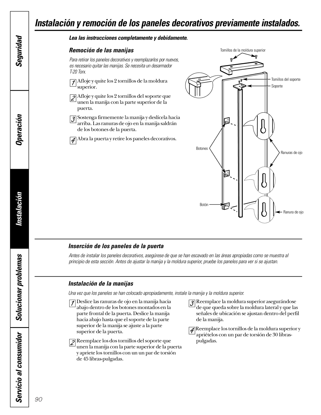 GE 200D2600P001, 21 Remoción de las manijas, Inserción de los paneles de la puerta, Instalación de la manijas 