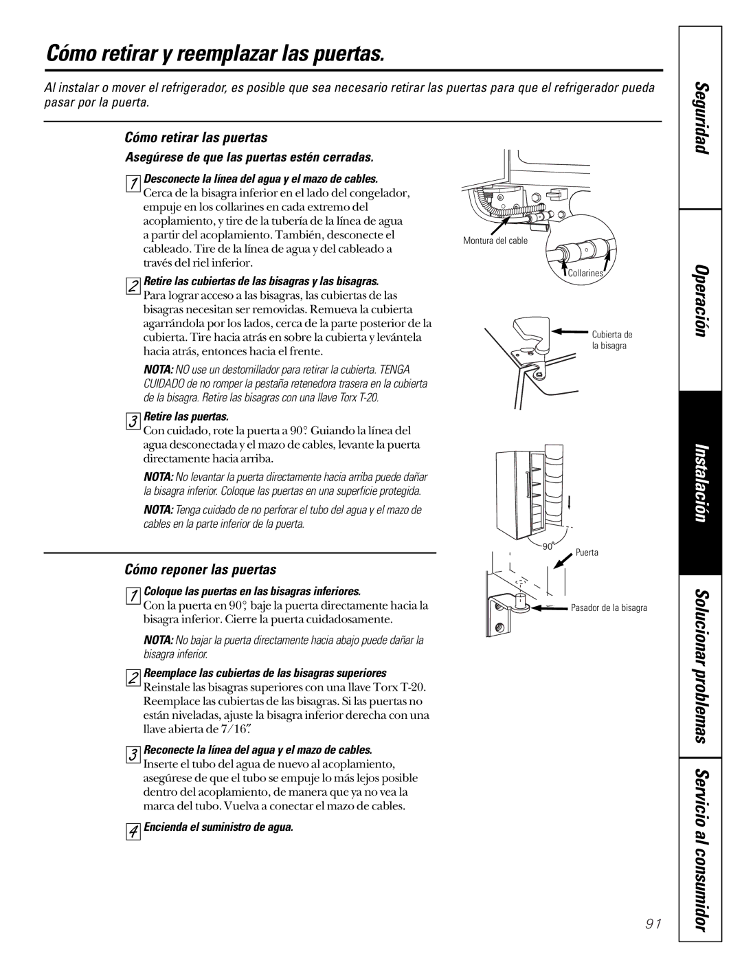 GE 21, 200D2600P001 Cómo retirar y reemplazar las puertas, Cómo retirar las puertas, Cómo reponer las puertas 