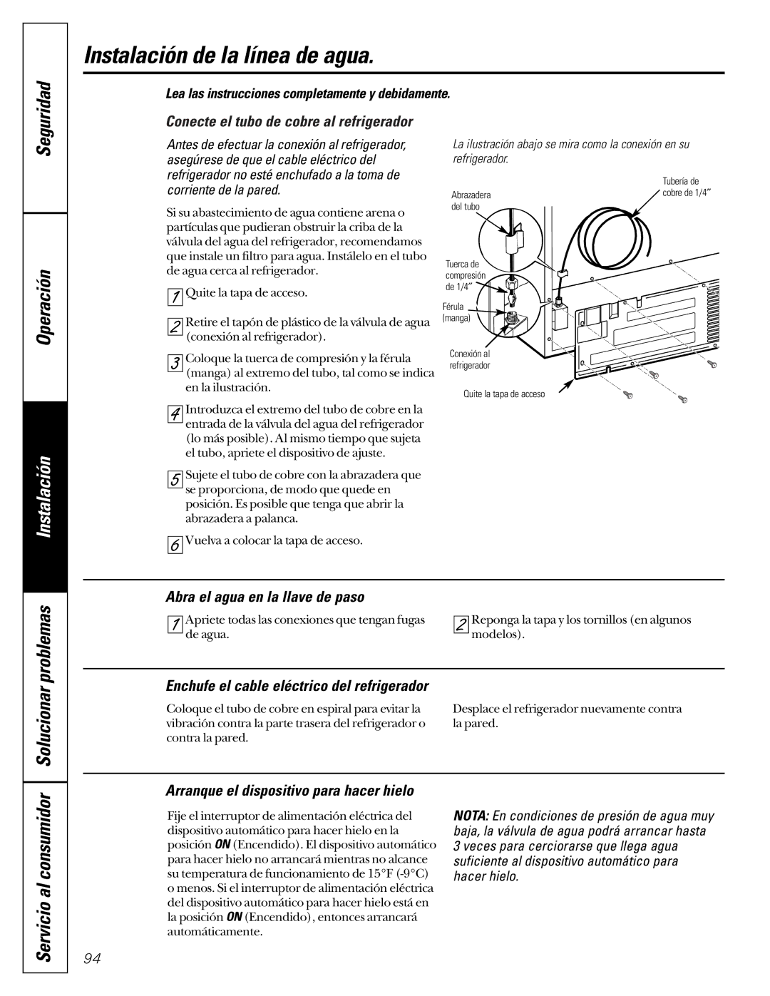 GE 200D2600P001, 21 installation instructions Conecte el tubo de cobre al refrigerador, Abra el agua en la llave de paso 