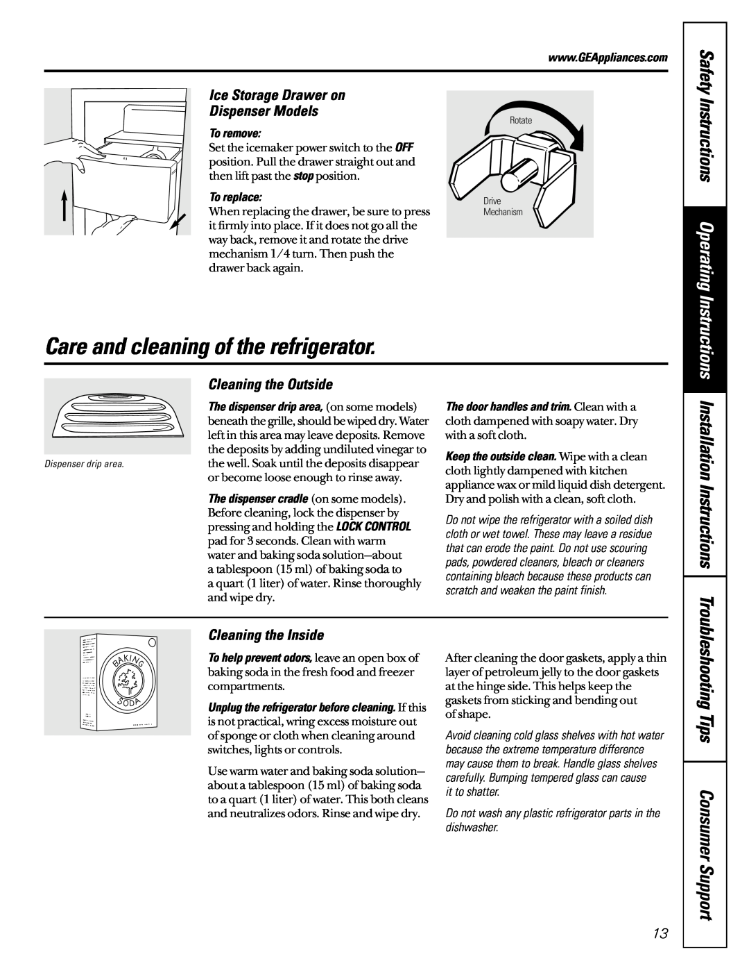 GE 21 Care and cleaning of the refrigerator, Safety Instructions Operating Instructions, Cleaning the Outside, To remove 