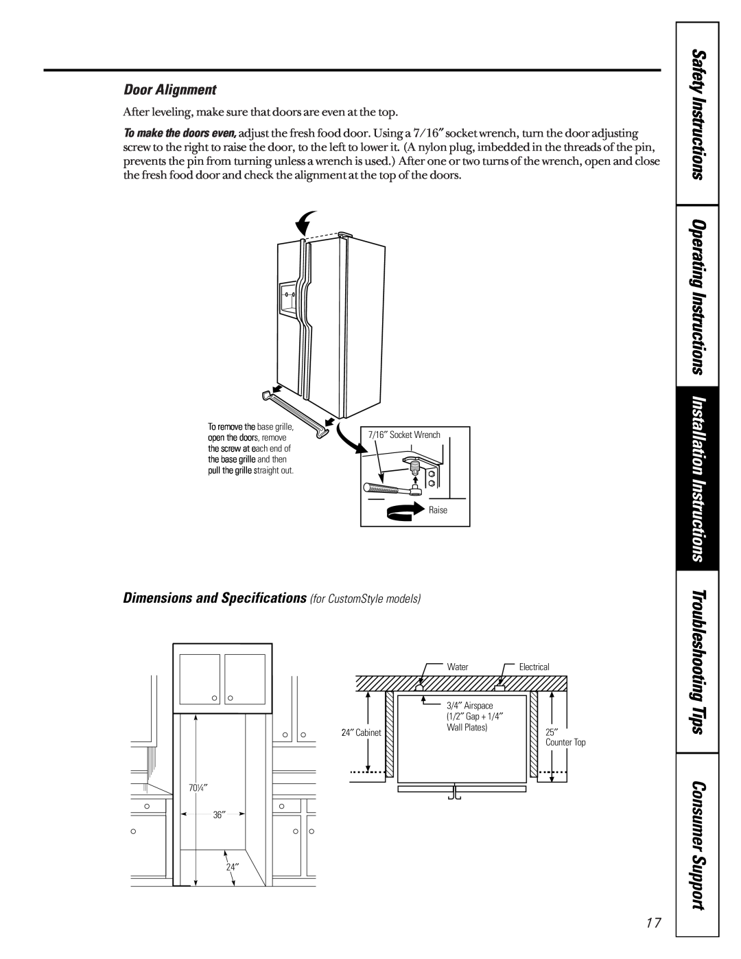 GE 21 Safety Instructions Operating Instructions, Tips Consumer, Support, Installation Instructions, Door Alignment 