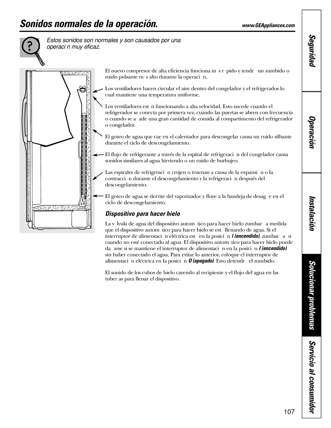 GE 200D2600P010 Sonidos normales de la operación, Seguridad Operación Instalación, Dispositivo para hacer hielo 