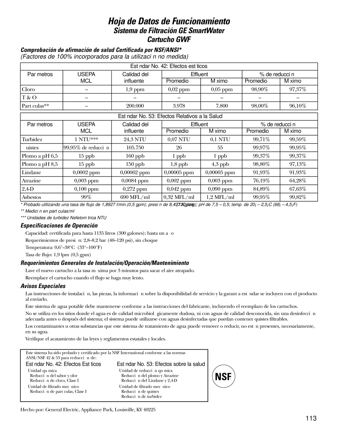 GE 200D2600P010 installation instructions Hoja de Datos de Funcionamiento 