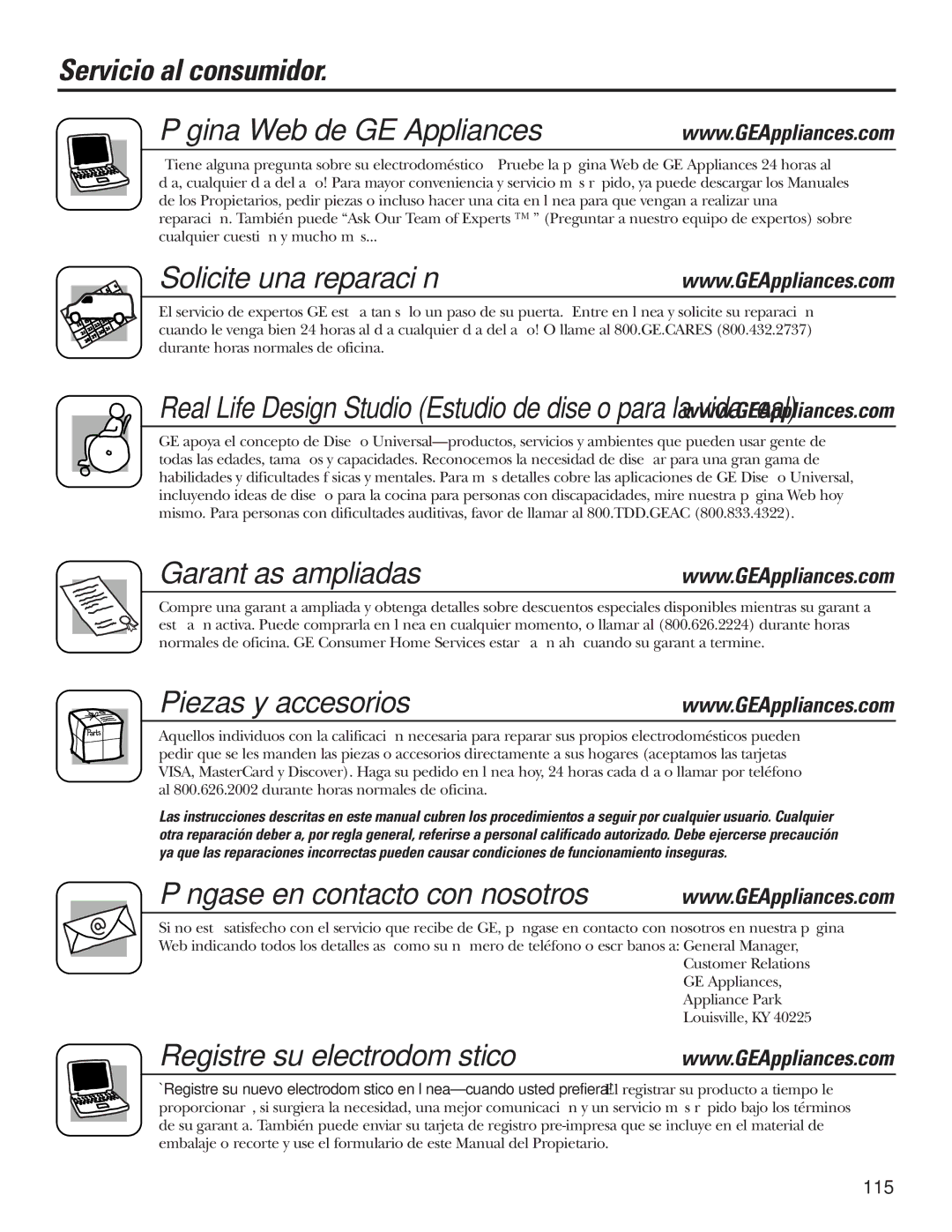 GE 200D2600P010 Servicio al consumidor Página Web de GE Appliances, Solicite una reparación, Garantías ampliadas 