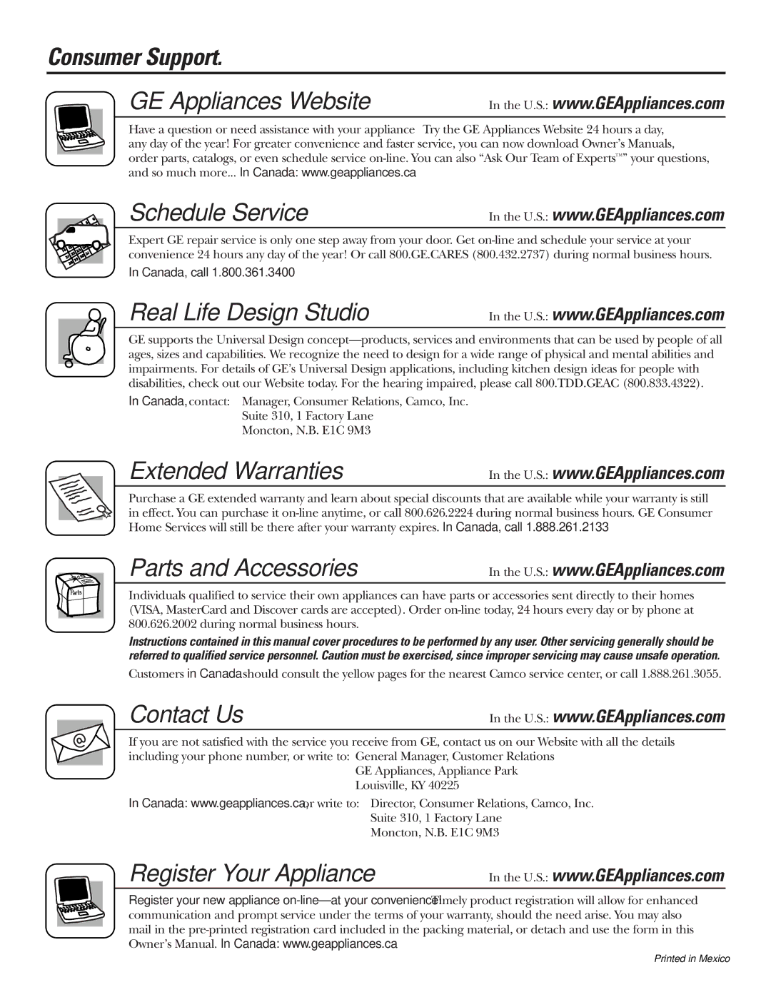 GE 200D2600P010 installation instructions Consumer Support, GE Appliances Website Schedule Service 